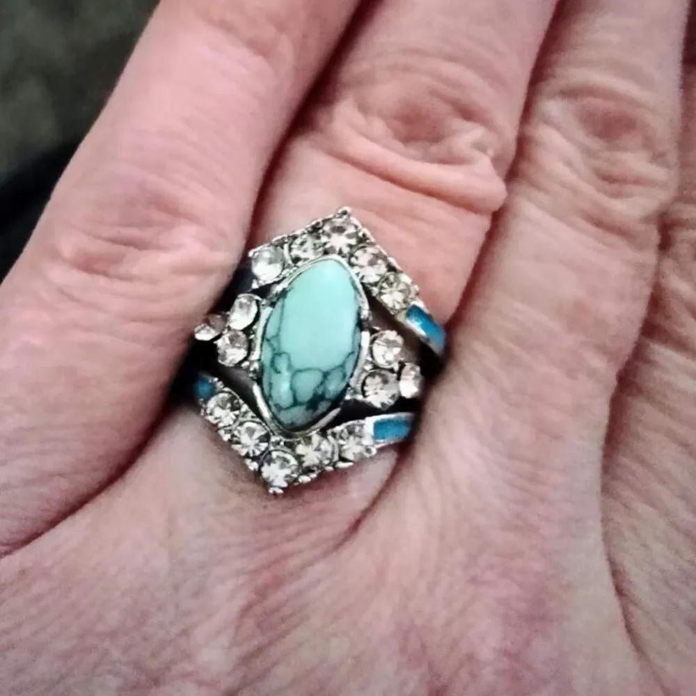 Western Bohemian Navajo Turquoise Wedding Engagement Ring Diamond Ring Set - Picture 12 of 12